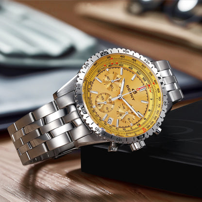 Męski zegarek chronograf BERNY – wielofunkcyjny zegarek kwarcowy w stylu lotniczym, wyposażony w datownik, szafirowe szkło i doskonałą luminescencję – luksusowy męski zegarek na rękę