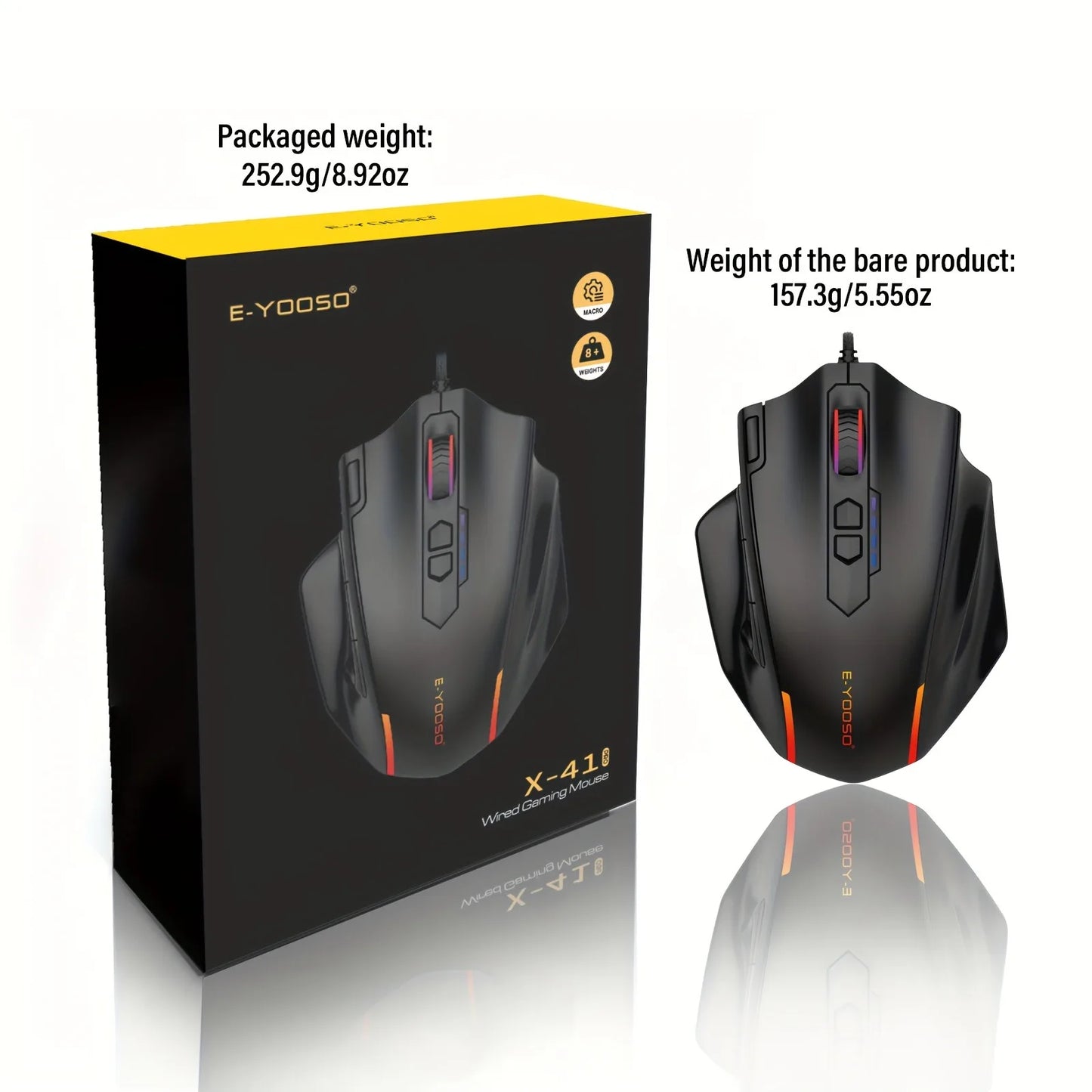 E-YOOSO X-41PRO langallinen suuri pelihiiri, RGB-taustavalaistus, 11 ohjelmoitavaa sivupainiketta, tuki tietokoneille, PC:lle, kannettaville ja Macille