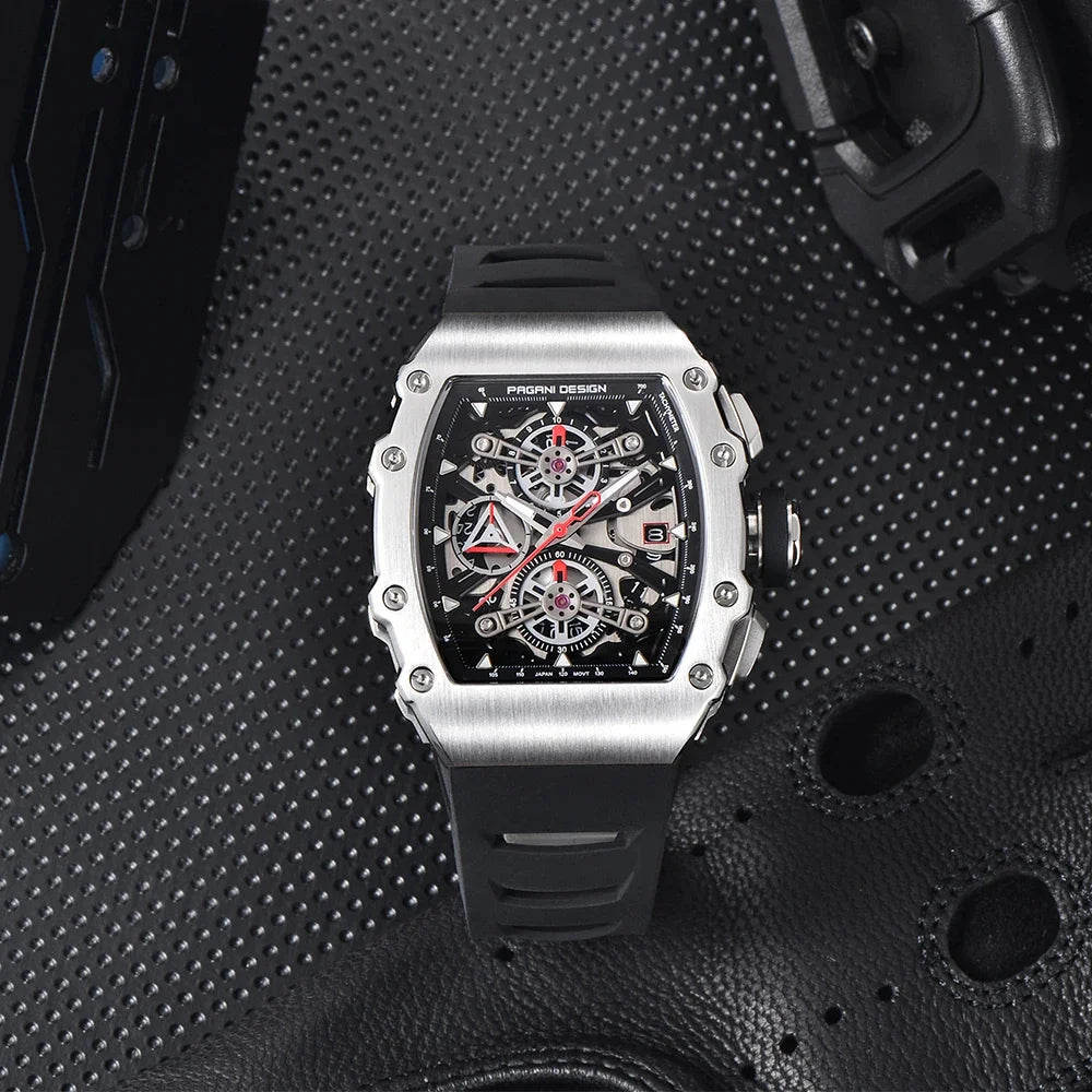 Pagani Design Men's Quartz Watches Japan Movt Skeleton Dial Waterproof Sport Rectangle Sapphire Glass Chronograph Watch For Men
