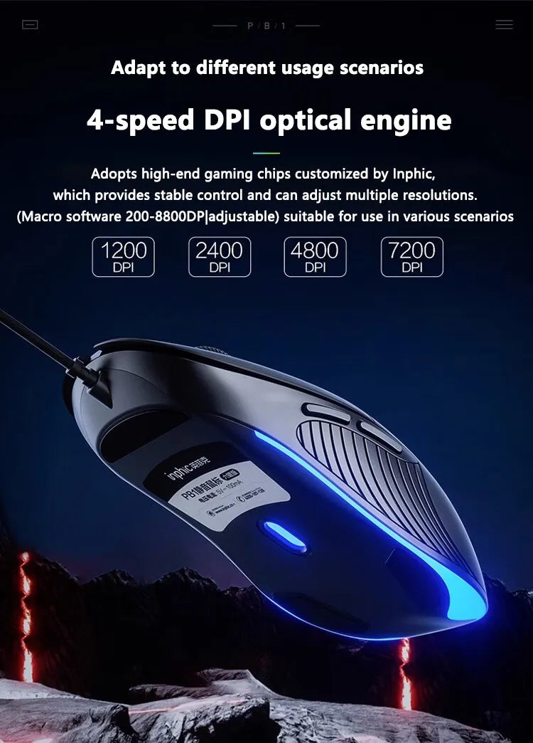 INPHIC B2 trådbunden USB-mus, tyst kontors- och gamingmus för PC och bärbara datorer