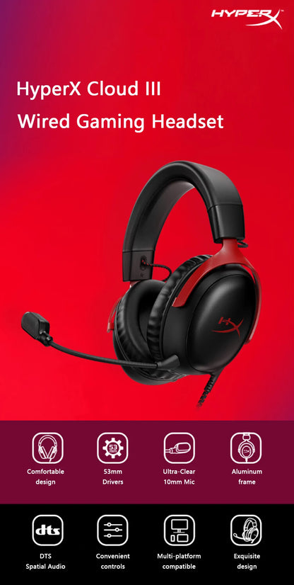 HyperX Cloud III Wired Gaming Headset with DTS X Spatial Audio, 53mm Drivers, Noise Cancelling Mic – USB & 3.5mm Gaming Headphones for PC, PS5, Xbox, Switch