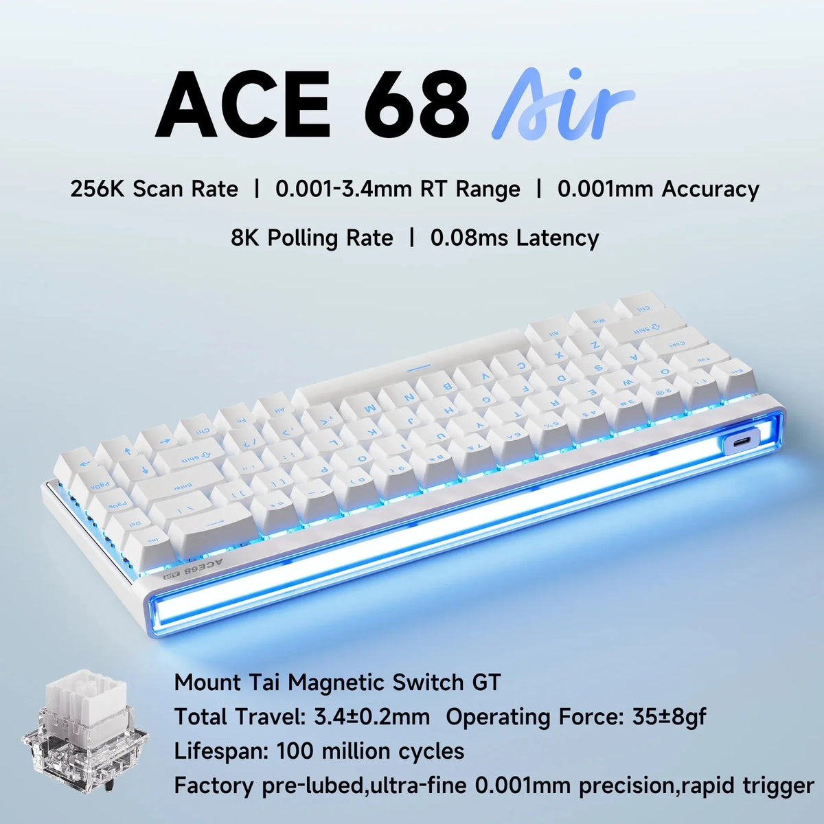 Mchose Ace68 Air Gaming Keyboard Hall Effect 0.001mm Rapid Trigger 8K+256K Polling Rate Dynamic RGB Light Box Magnetic