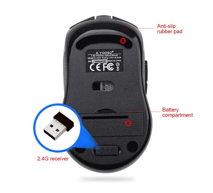 E-YOOSO E-1020 Wireless Gaming Mouse 2400 DPI Silent Click Ergonomic USB Mouse for Laptop PC Computer, 2.4G Wireless Optical Mouse