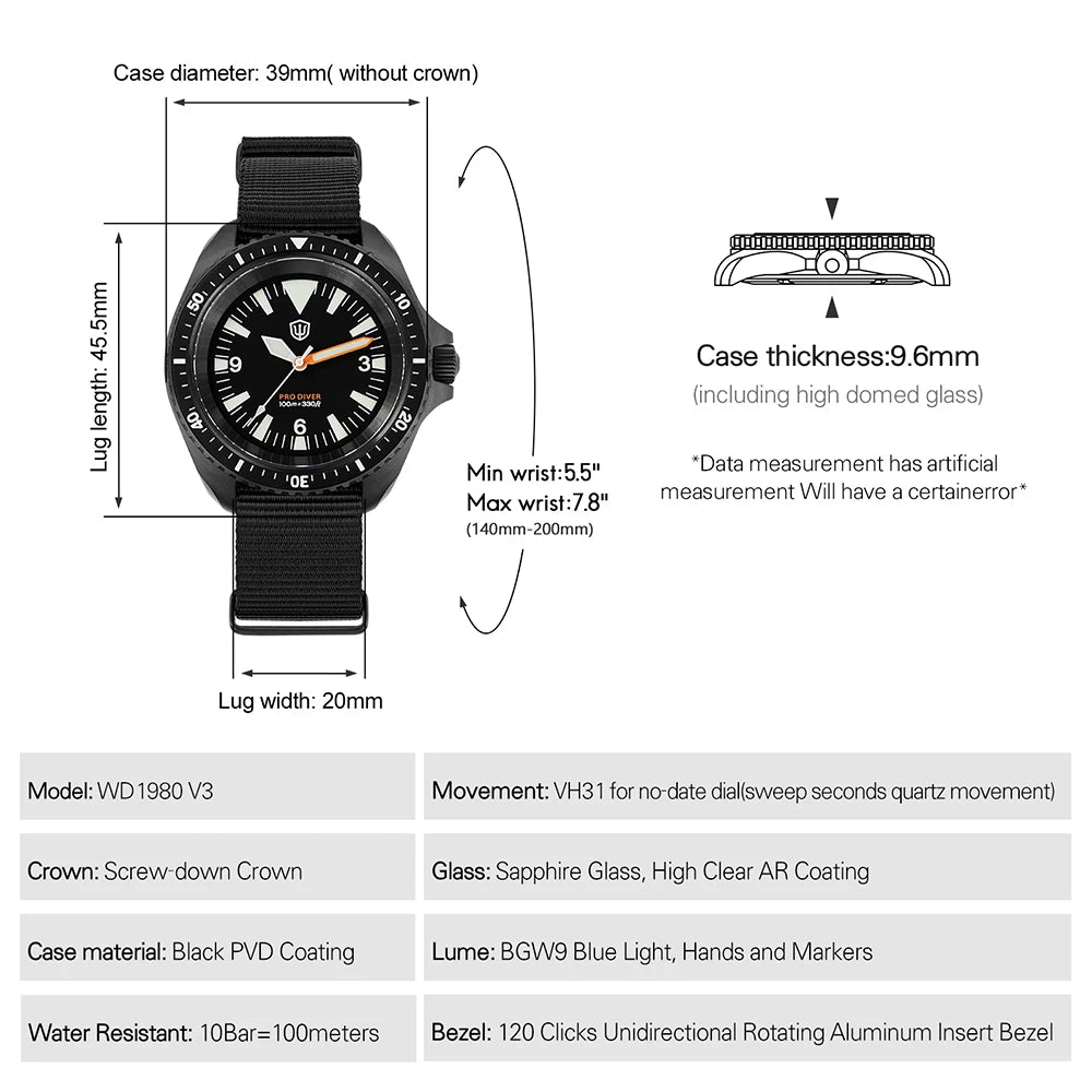 Watchdives WD1980 V3 Quartz Watch VH31 Sweep Movement Sapphire Vintage Watch 100m Waterproof Stainless Steel Luminous Mens Watch