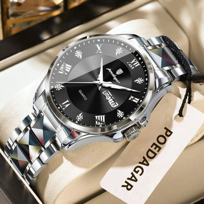 Relógio de homem POEDAGAR, modelo de luxo original, estanque, luminoso, com indicação da data e do dia, estilo elegante, caixa em aço inoxidável, movimento de quartzo, ideal para o trabalho.