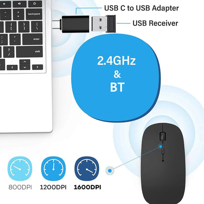 Ladattava langaton hiiri kahdella yhteystilalla, Bluetooth-yhteensopiva 2.4G USB -tietokonehiiri kannettavalle, iPadille, tabletille ja pelikäyttöön