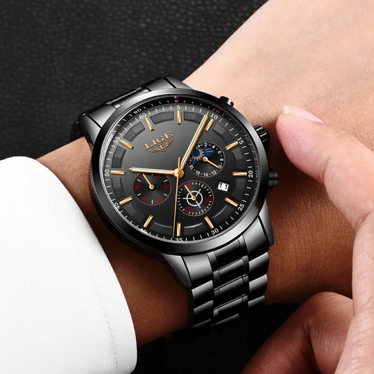 Montre pour homme LIGE – Chronographe à quartz de luxe, étanche (3 bars), avec aiguilles luminescentes – Idée cadeau (boîte incluse)