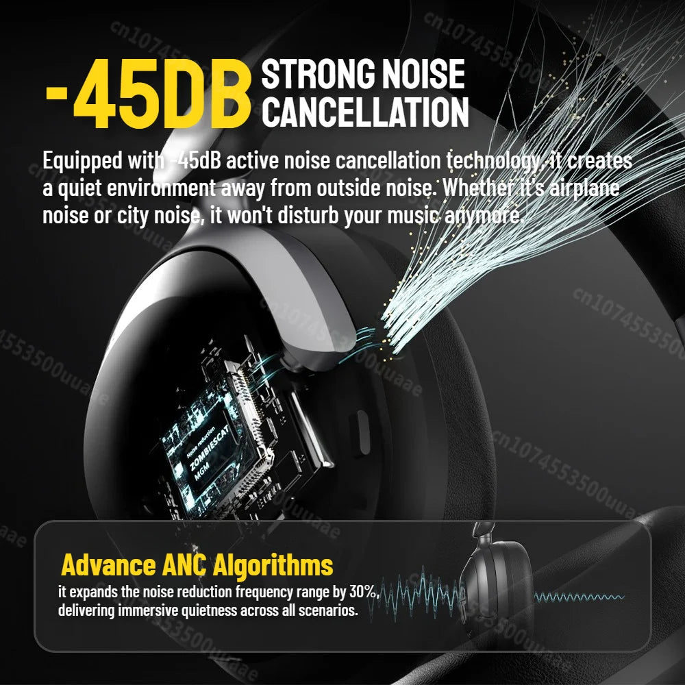 Zombies Cat S10 ANC Bluetooth Headphones with 45dB Noise Cancellation, HiFi Stereo Wireless Over-Ear Headset with Mic