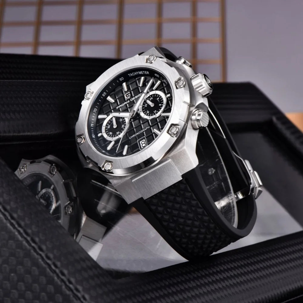 PAGANI DESIGN PD-YS032 Men's Quartz Watch 44mm Japan VK64 Movt Stainless Steel Case Rubber Strap Sapphire Glass 100M Waterproof