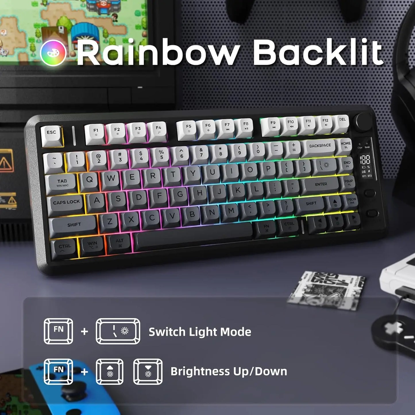 ATTACK SHARK M75 Wireless Membrane Gaming Keyboard with OLED Display, Bluetooth & 2.4GHz Tri-Mode, RGB Backlit PBT Keycaps, Multifunction Knob