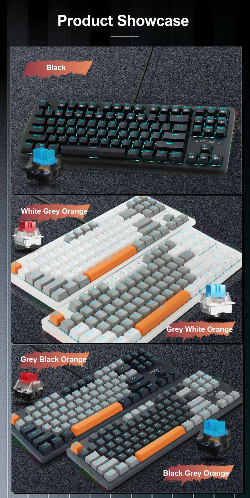 E-YOOSO K620 USB Mechanical Gaming Keyboard Wired Blue Red Switch Monochrome LED Backlit 87 Key for Compute Laptop PC