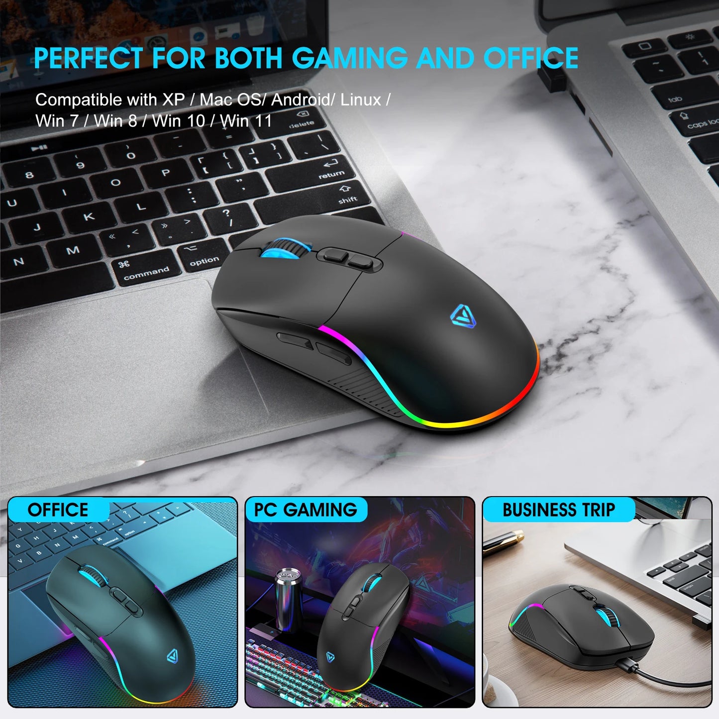 Tri-Mode Wireless Gaming Mouse with Bluetooth 2.4G & Wired Connection, 10000 DPI RGB Esports Mouse with 7 Buttons and Rechargeable Battery