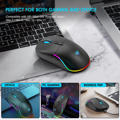 Tri-Mode Wireless Gaming Mouse with Bluetooth 2.4G & Wired Connection, 10000 DPI RGB Esports Mouse with 7 Buttons and Rechargeable Battery