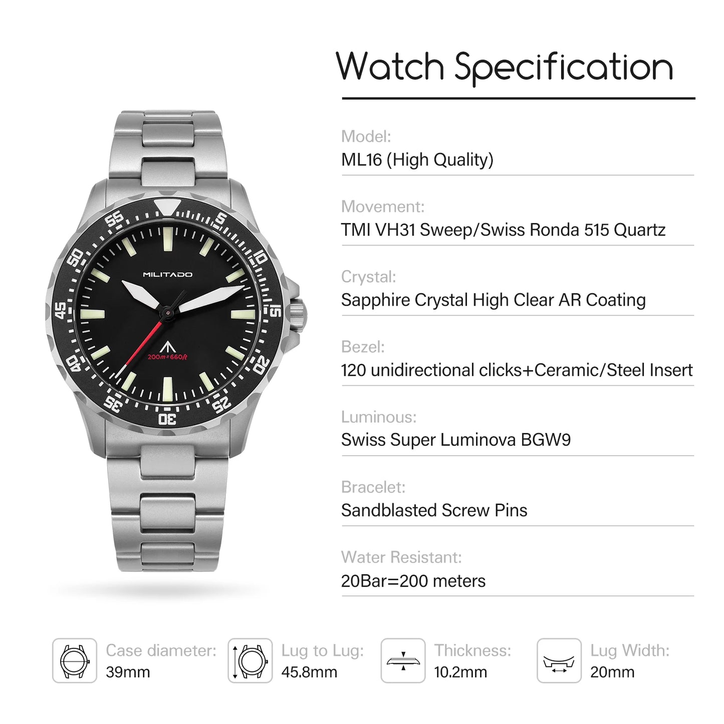 Militado ML16 Watch VH31 Sweep /515 Quartz Movement Sapphire Crystal BGW9 Luminous 200m Water Resistance 38mm Men's Vintage Wath