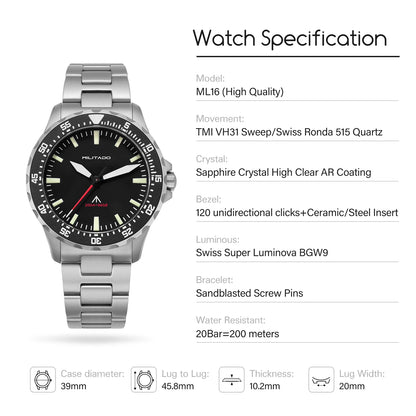 Militado ML16 Watch VH31 Sweep /515 Quartz Movement Sapphire Crystal BGW9 Luminous 200m Water Resistance 38mm Men's Vintage Wath