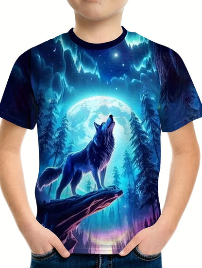 Children's T-Shirt Cool Wolf Pattern Boys' Short Sleeve Tee Summer New Round Neck Children's T-Shirt Fashion Children's Clothing