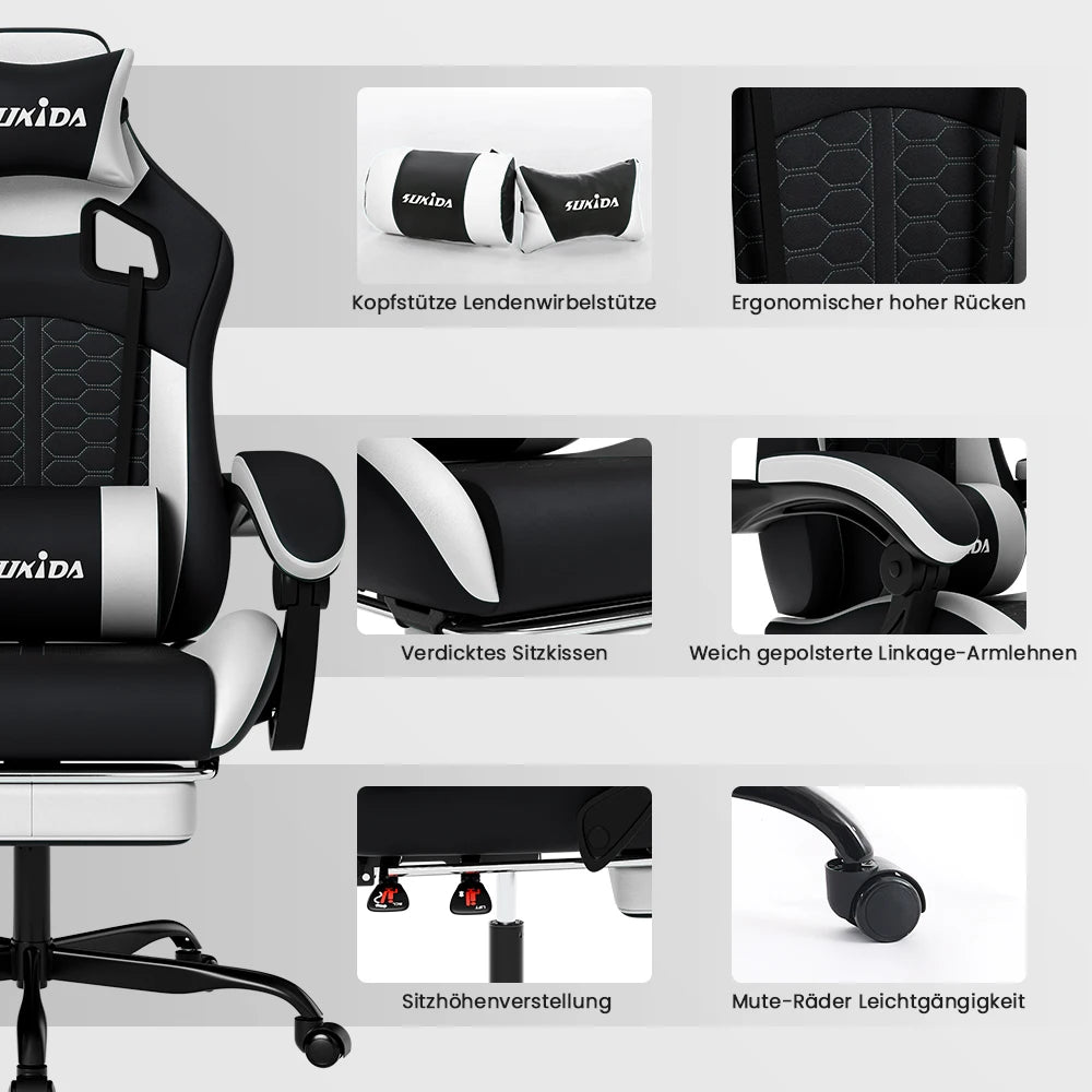 SUKIDA Ergonomischer Racing-Gaming-Stuhl, verstellbar und drehbar, mit Kopfstütze und Lendenwirbelstütze für Büro und Gaming
