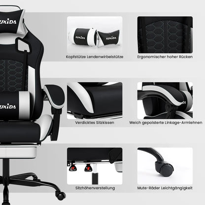 SUKIDA Ergonomischer Racing-Gaming-Stuhl, verstellbar und drehbar, mit Kopfstütze und Lendenwirbelstütze für Büro und Gaming