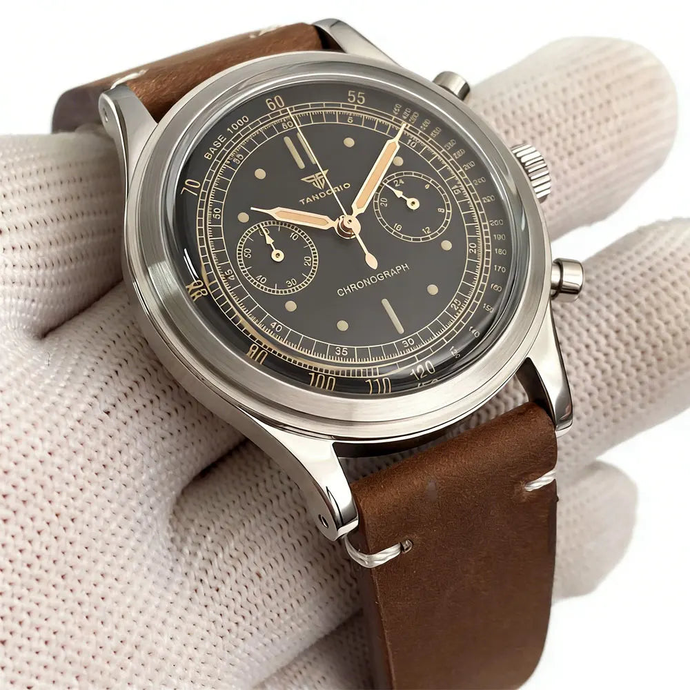 38mm Tandorio Retro Men's Watch Sport Watches Miyota OS20 Movement Chronograph Quartz Clock Black Dial Bubble Arched Glass