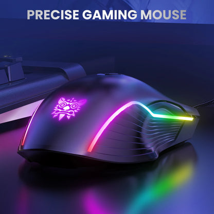 ONIKUMA káblová herná myš, 6 nastaviteľných úrovní, 6400 DPI, 7 programovateľných tlačidiel, 7 režimov RGB osvetlenia, ergonomická myš pre PC hráčov