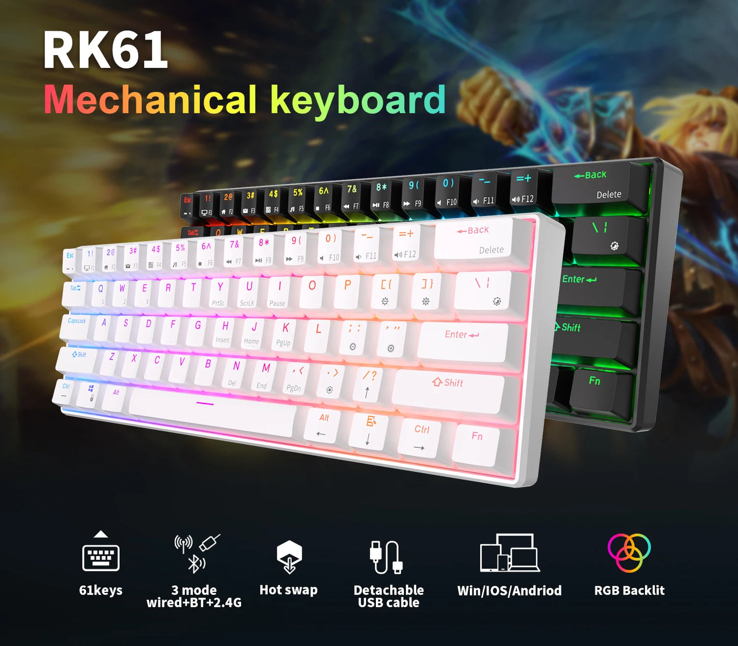 RK Royal Kludge RK61 2.4G Wireless Bluetooth Mechanical Keyboard Tri-mode 61 Keys RGB Backlit Mini Hot-swappable Gamer Keyboard