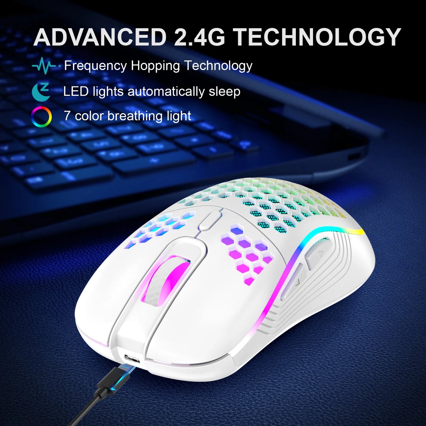 Wireless Gaming Mouse RGB Rechargeable 2.4G USB Gaming Mouse with Honeycomb Design, Ergonomic Wireless Gaming Mouse, LED Lights, Drag-Free Paracord for PC & Laptop