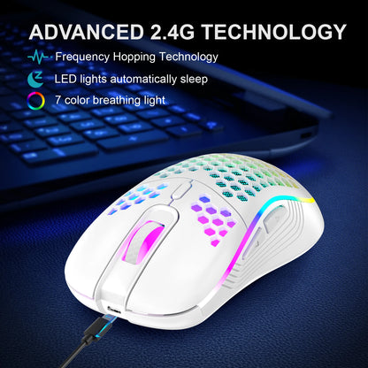 Wireless Gaming Mouse RGB Rechargeable 2.4G USB Gaming Mouse with Honeycomb Design, Ergonomic Wireless Gaming Mouse, LED Lights, Drag-Free Paracord for PC & Laptop