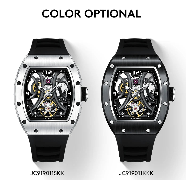 Luxury Automatic Watch Men Sports Barrel Skeleton Design Mechanical Movement Silicone Strap 5 ATM Waterproof Watches