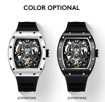 Luxury Automatic Watch Men Sports Barrel Skeleton Design Mechanical Movement Silicone Strap 5 ATM Waterproof Watches