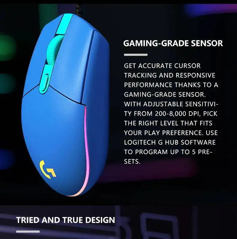 Logitech G203 LIGHTSYNC Wired Gaming Mouse 8000 DPI RGB Sensor, 6 Buttons Mechanical Tensioning USB Mouse for Gaming & Office