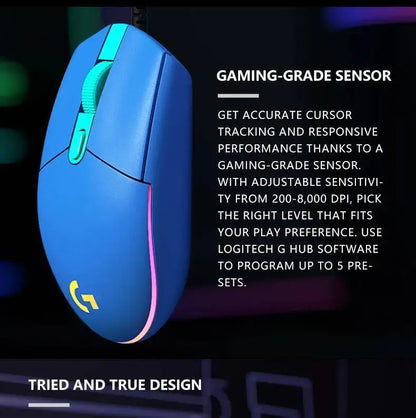 Logitech G203 LIGHTSYNC Wired Gaming Mouse 8000 DPI RGB Sensor, 6 Buttons Mechanical Tensioning USB Mouse for Gaming & Office