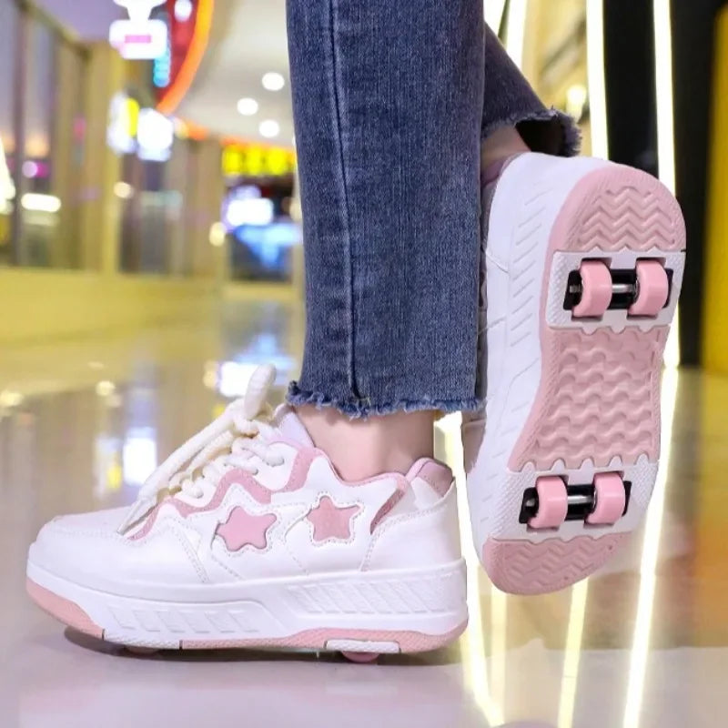 Chaussures de roller pour enfants - Roues rechargeables, couleurs tendance, finition brillante, pour les anniversaires, pour garçons et filles, chaussures décontractées deux-en-un