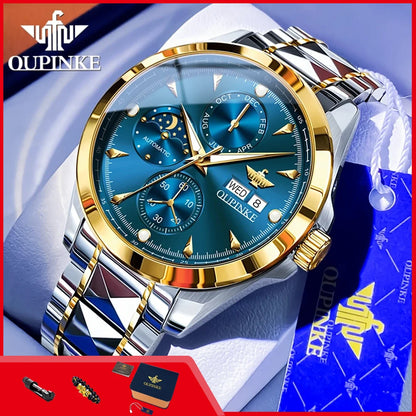 OUPINKE 3299 Automatic Man Watch Exclusive Dual Calendar Luxury Mechanical Wristwatches Moon Phase Waterproof Chronogprah Watch