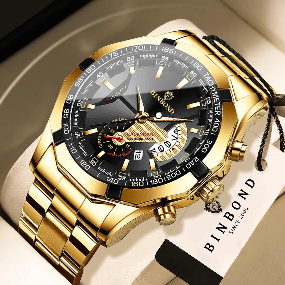 BINBOND luxury quartz wristwatch for men, luminous, water-resistant, automatic date, stainless steel
