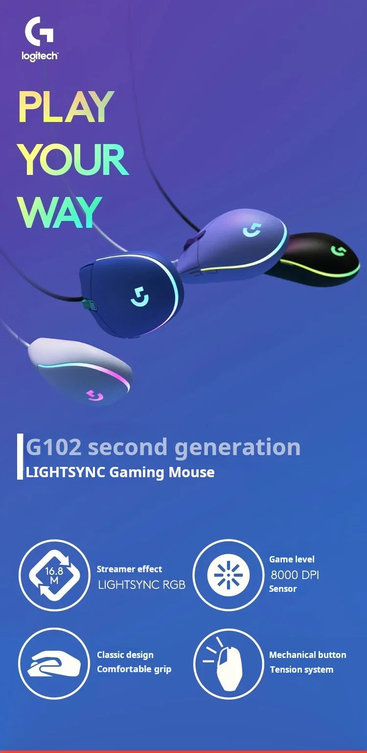 Logitech G102 G203 Wired Gaming Mouse 8200 DPI RGB Backlit Mouse with 2.1M USB Cable, Precision PC Gaming Mouse for Laptop & Office