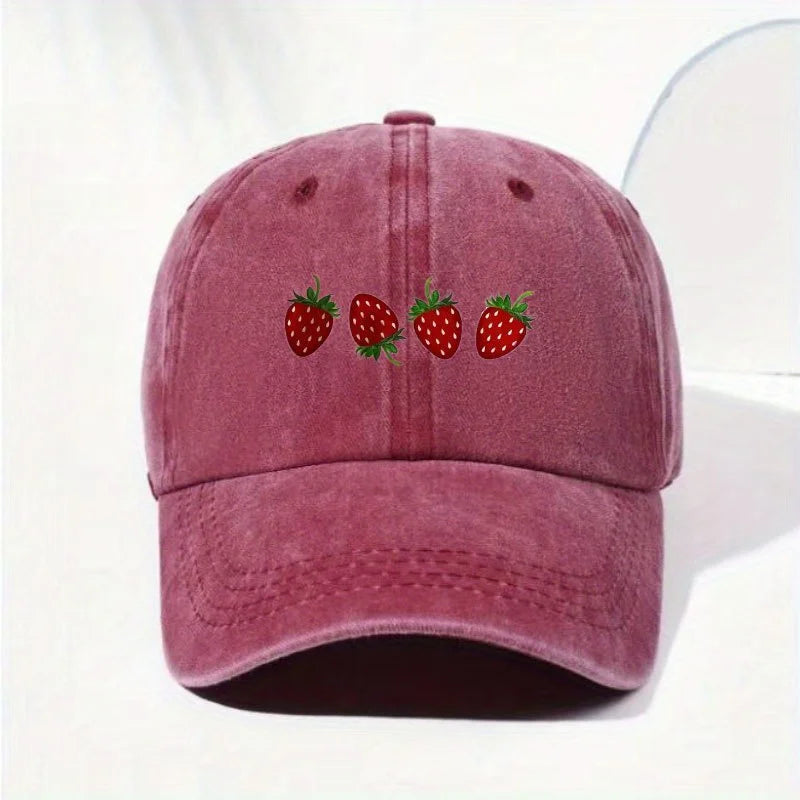 Strawberry printed baseball cap with adjustable sunshade, fashionable duckbill cap for both men and women, soft top design