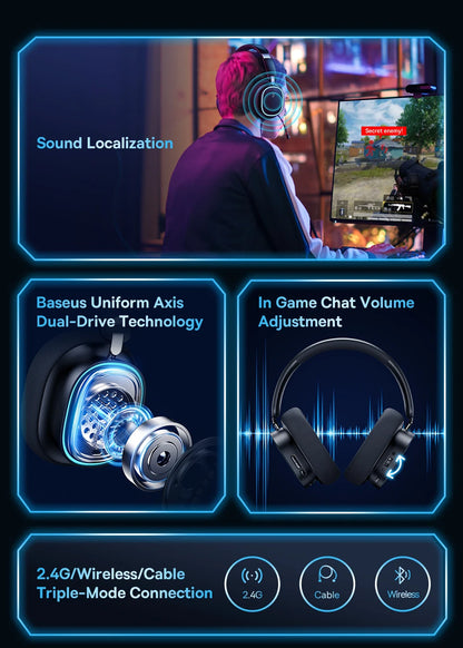 Baseus GH02 Gaming Wireless Headphones Bluetooth 5.3 Over-Ear Headset with Mic, 40mm Driver RGB Gaming Headphones, 2.4G Wireless Low Latency Headset