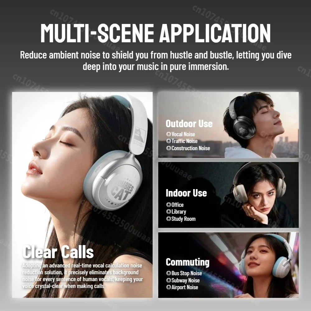 Zombies Cat S10 ANC Bluetooth Headphones with 45dB Noise Cancellation, HiFi Stereo Wireless Over-Ear Headset with Mic