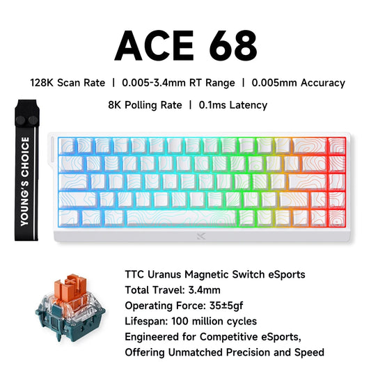 Teclado gaming MCHOSE ACE 68 con switches magnéticos Hall Effect, Rapid Trigger, RGB programable, 8K Hz y funciones DKS/MT/TGL/RS/SOCD