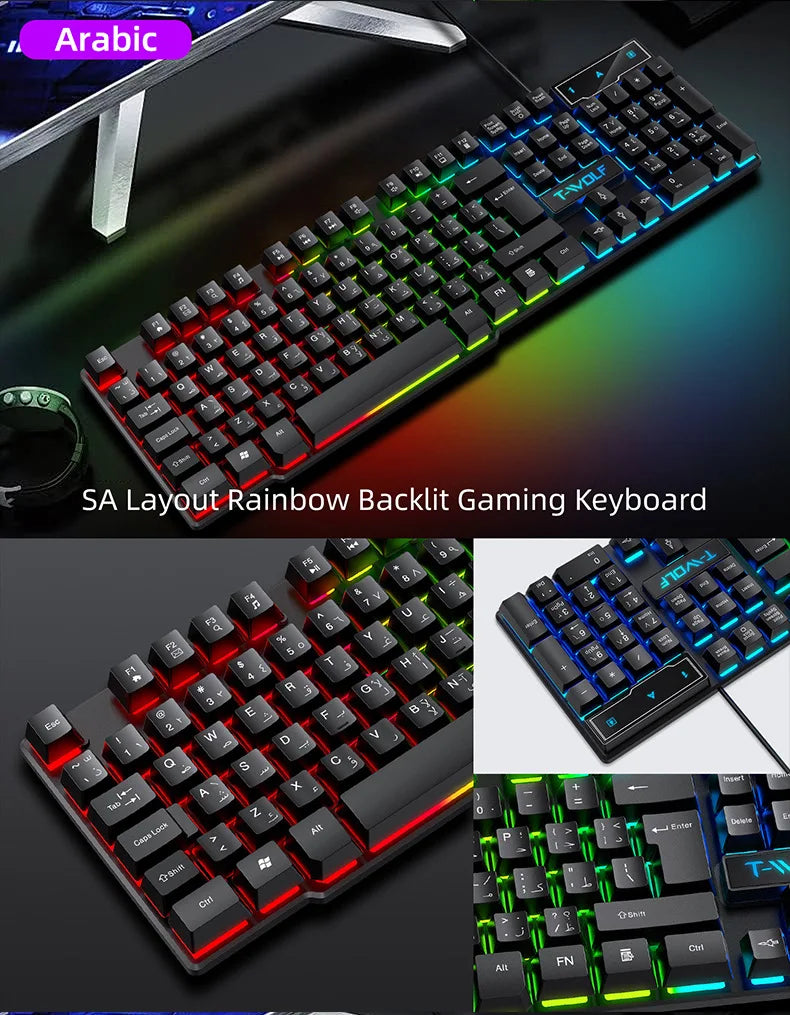 Teclado gaming con sensación mecánica, retroiluminación RGB, teclado con cable USB para oficina y hogar, teclas multimedia, ruso, español, árabe e inglés