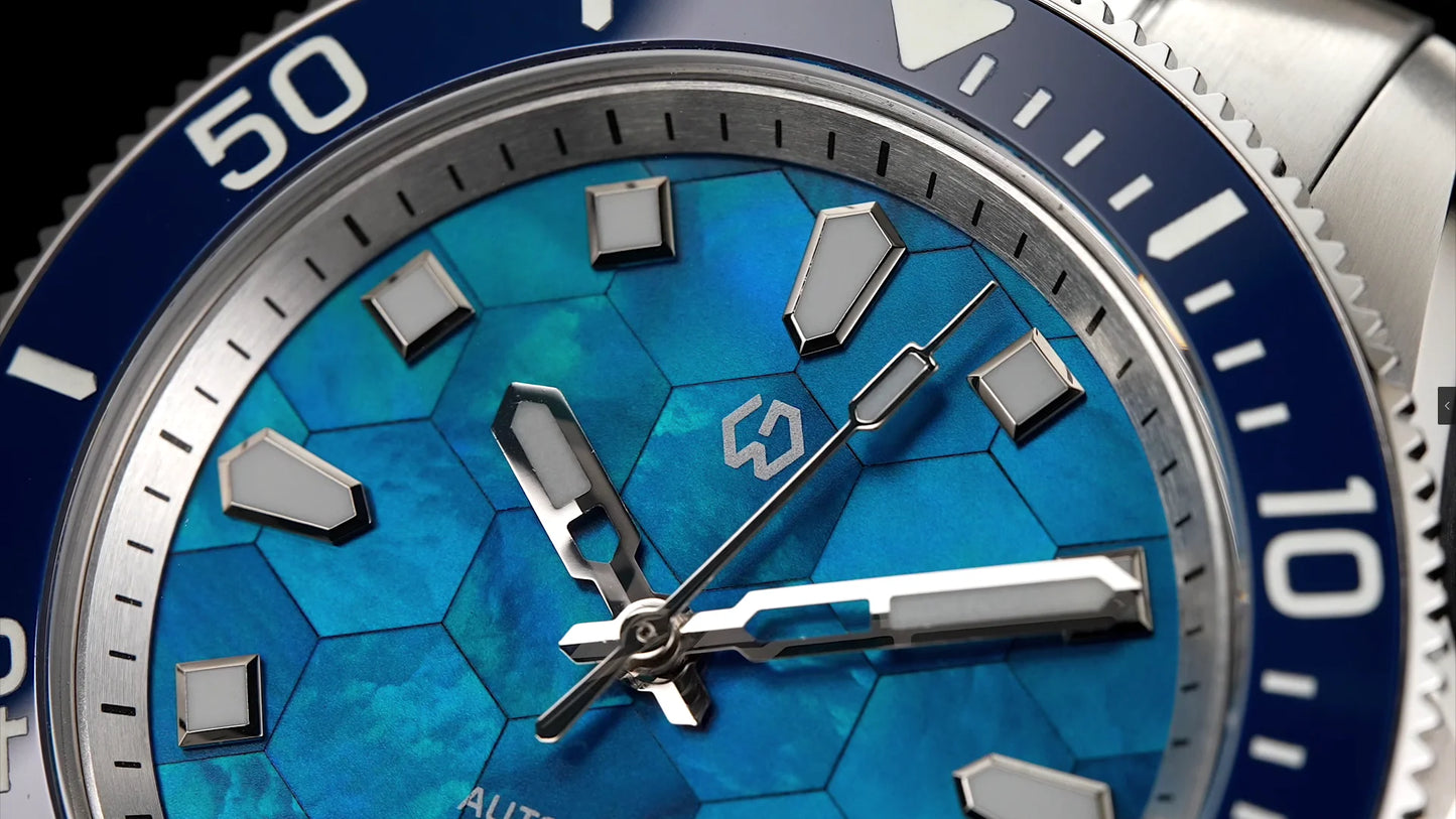 WISHDOIT Automatic Mechanical Watch Miyota 8215 Movement Mother of Pearl Dial Ceramic Bezel Waterproof 150M Diving Watch