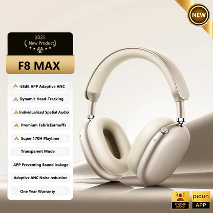 Picun F8MAX ANC Wireless Headphones 59dB Noise Cancelling Bluetooth 6.0 Over Ear Headset with Spatial Audio, 180H Battery Life & HiFi Sound