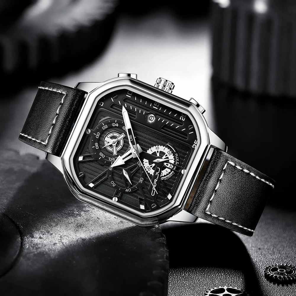 CRRJU Fashion Square Dial Leather Mens Watches Luxury Sport Waterproof Watch Man Chronograph Quartz WristWatches Homme+Box