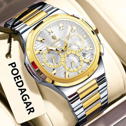 Montre-bracelet homme d'affaires POEDAGAR, chronographe avec date, étanche et lumineuse, de luxe, en acier inoxydable et à quartz.