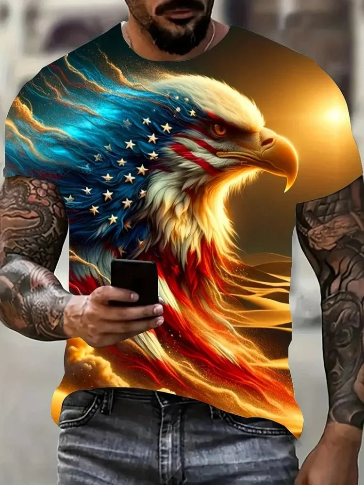 Men's Patriotic 3D Eagle Print T-Shirt Casual Crew Neck Short Sleeved Pullover for Summer Fashion Outdoor Activities Men Clothes