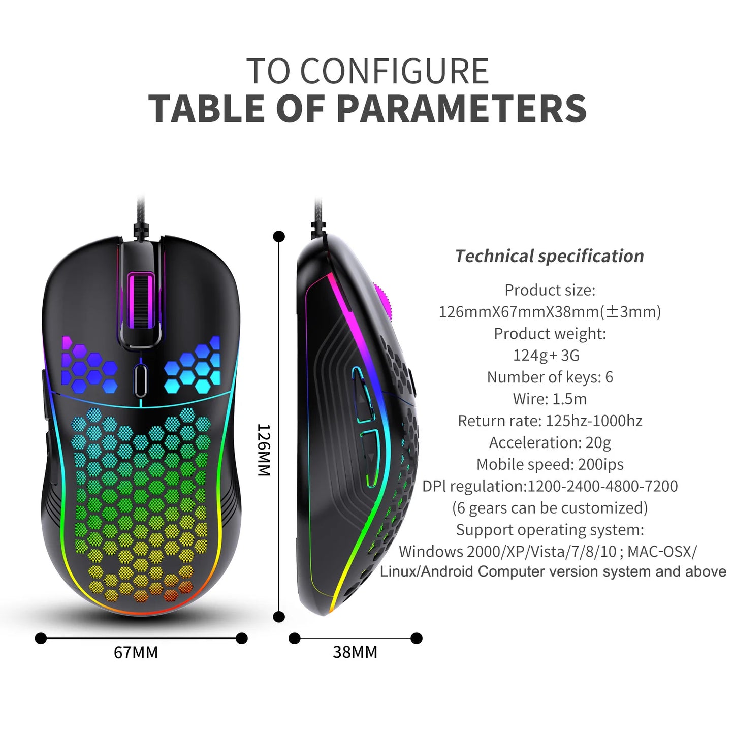 VAORLO USB Wired Gaming Mouse 7200DPI Adjustable Optical Gaming Mouse with RGB Lighting, Ergonomic Mechanical Gaming Mouse for PC, Laptop & Office