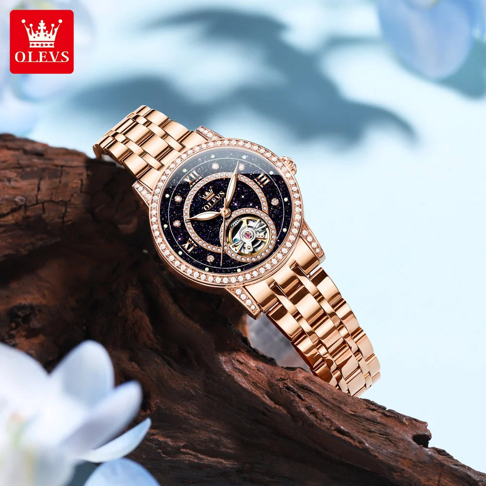 OLEVS Women's Watches Starry Sky Design Automatic Watch for Women Stainless Steel Flywheel Hollowed Ladies Mechanical Watch 7036