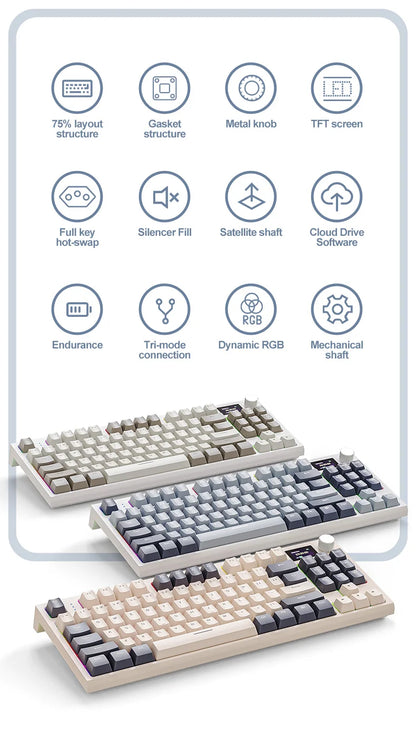 ATTACK SHARK K86 Mechanical Keyboard with Metal Knob,TFT Smart Color Screen,87-key Layout,RGB Lighting,and Three-mode Connection