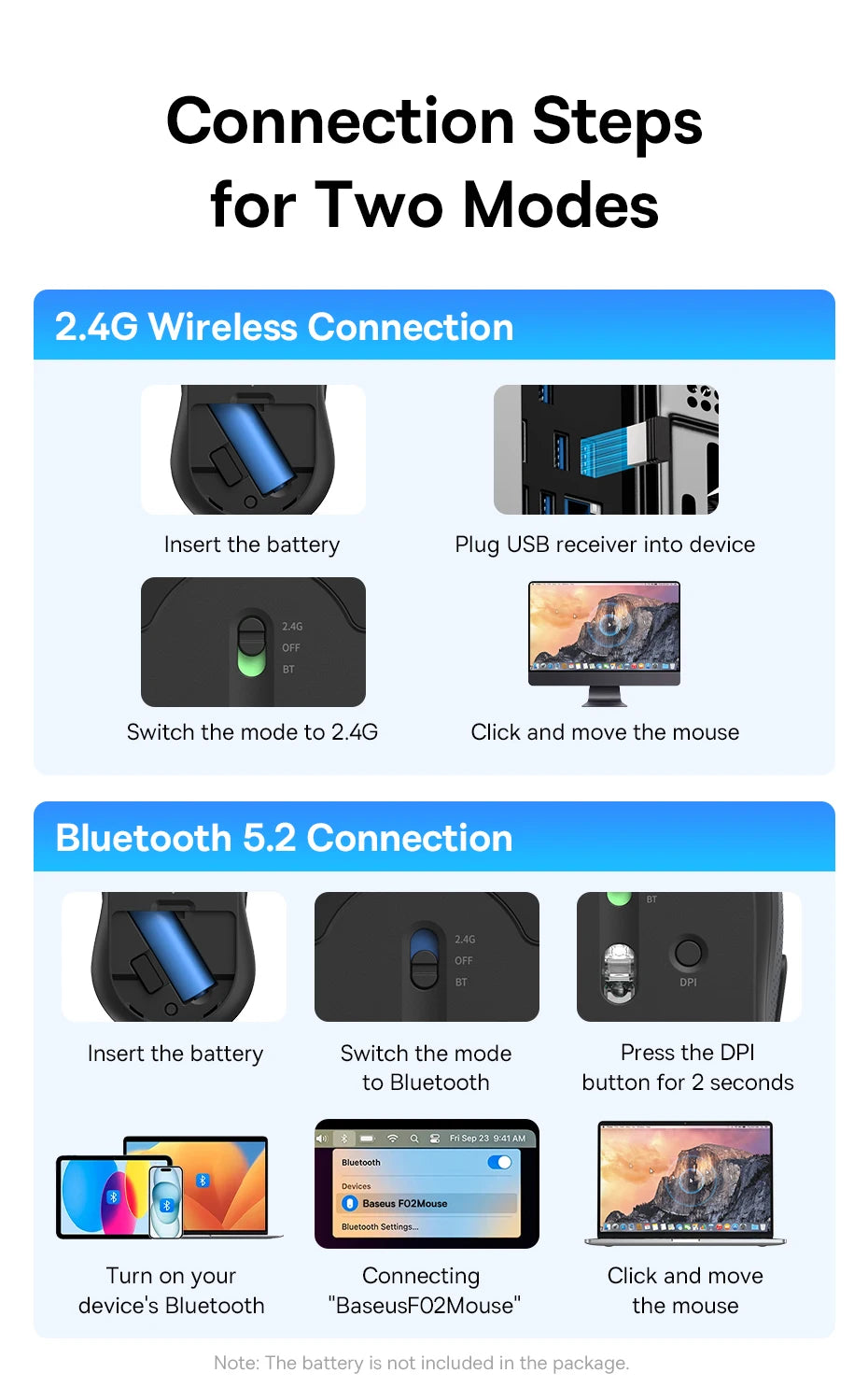 Baseus F02 Ergonomic Wireless Mouse with Bluetooth 5.2, 2.4G, 4000 DPI & 7 Silent Buttons