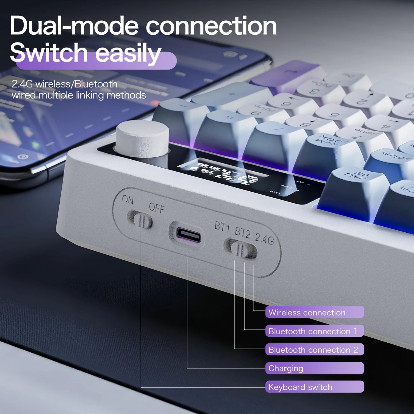XUNFOX TK100 Bluetooth Wireless Dual-Mode Keyboard, 98-Key RGB Wireless Gaming Keyboard with Rechargeable Battery for Desktop, Laptop & Office